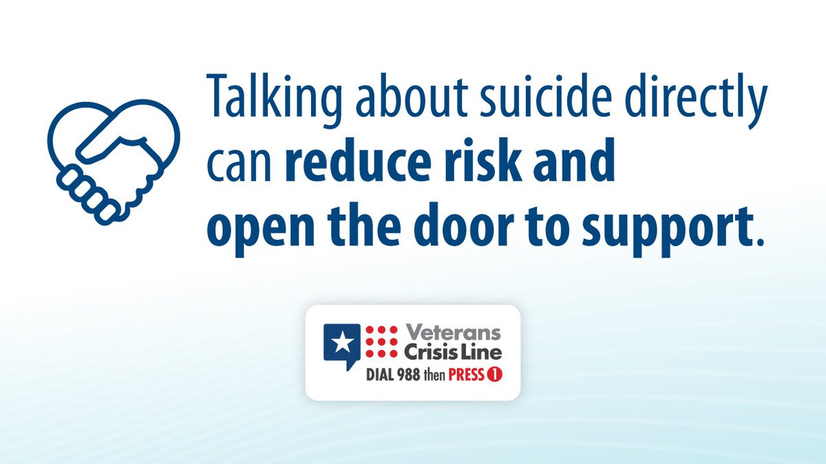 DeptVetAffairs's tweet image. Talking about suicide doesn’t increase the risk. Asking direct questions can help a #Veteran feel seen and supported. 
Learn what to say: VeteransCrisisLine.net/CrisisConversa….