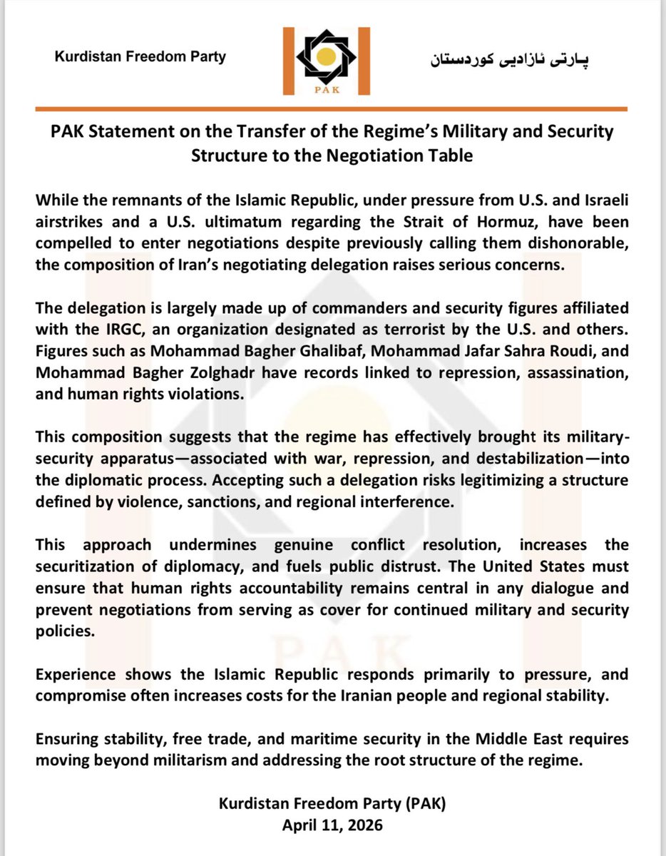 PAKenglishh's tweet photo. PAK Statement on the Transfer of the Regime's Military and Security Structure to the Negotiation Table

#PAK
#Kurdistan https://t.co/d7iHyRJXc9