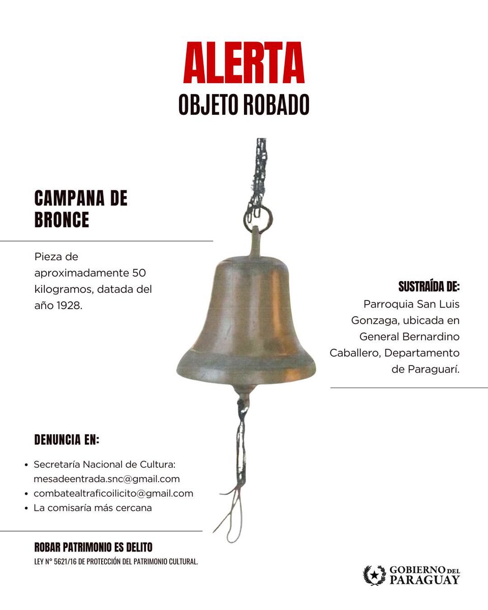 Senatur_Py's tweet photo. 🚨 ALERTA PATRIMONIAL

Desde Senatur nos adherimos a la alerta emitida por la @cultura_py por el presunto robo de una campana de bronce, de aproximadamente 50 kg, fechada en 1928, sustraída de la Parroquia San Luis Gonzaga, en General Bernardino Caballero, Paraguarí.

Es un bien cultural de valor patrimonial. 
📢 Si contás con información sobre su paradero, denuncia de inmediato:
📩 mesadeentrada.snc@gmail.com
📩 combatealtraficoilicito@gmail.com
📍 O en la comisaría más cercana.
El patrimonio cultural se protege.
#AlertaPatrimonial #PatrimonioCultural #TráficoIlícito #Paraguay #Senatur