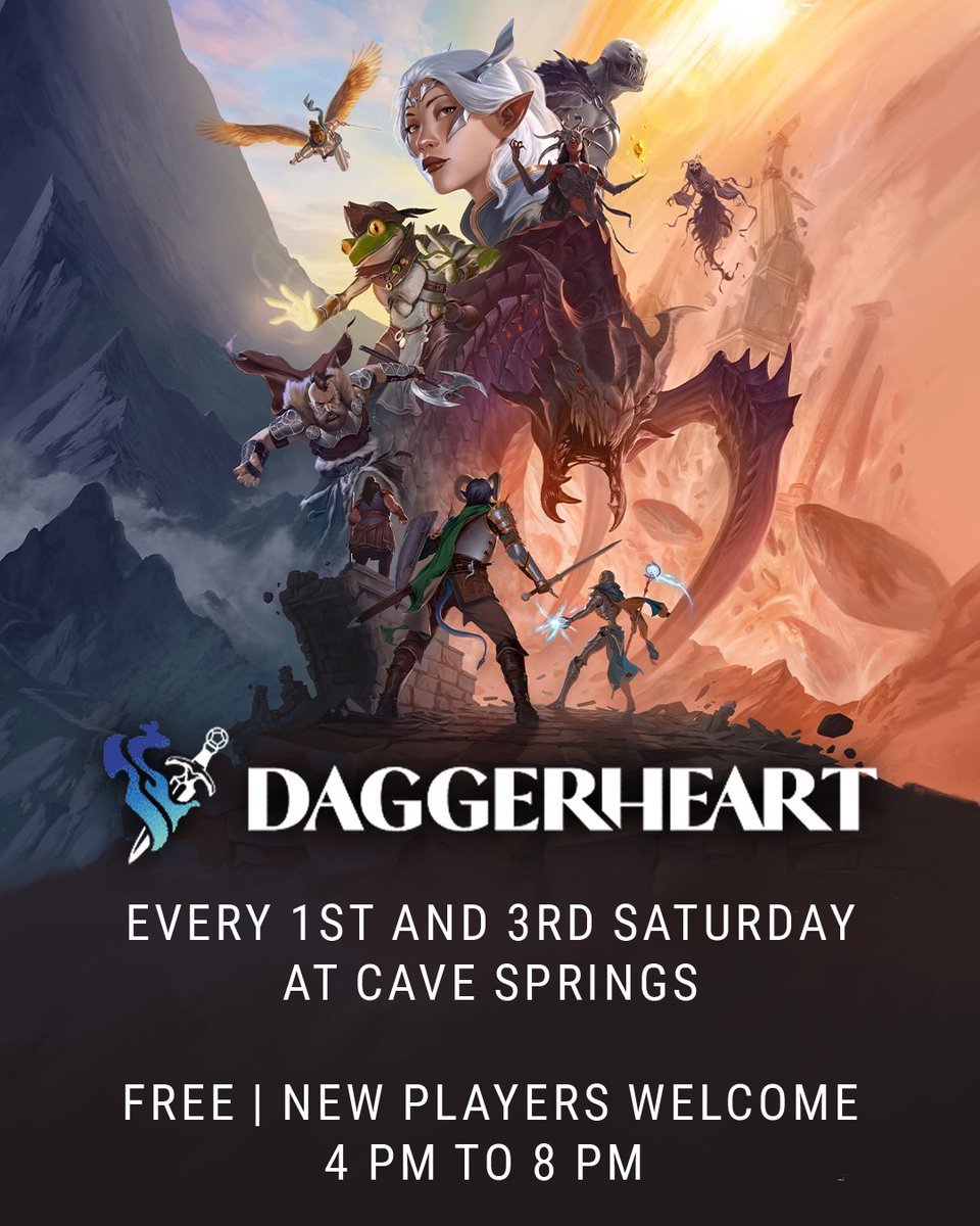 MiniMartTalk's tweet image. Join us for Free Daggerheart sessions at Cave Springs every 1st and 3rd Saturday from 4pm to 8pm! New players are welcome!
Find out more about our Store events: miniaturemarket.com/utility/retail…
#STL #LGS #FLGS #Daggerheart #RPGSessions