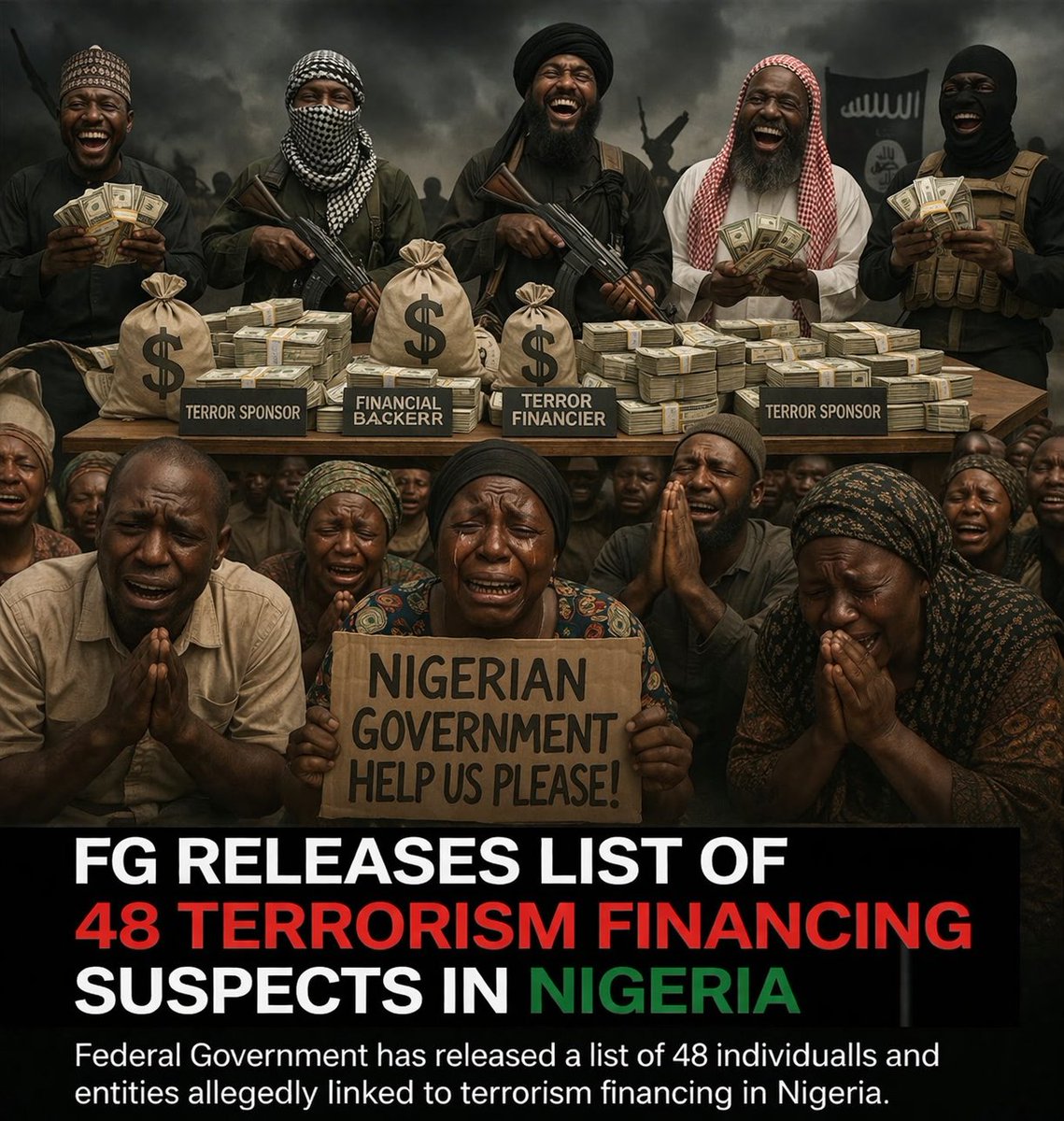 The Federal Government has released a list of 48 individuals and entities allegedly linked to terrorism financing in Nigeria.

The list was published on Saturday by the Nigeria Sanctions Committee (NIGSAC) as part of ongoing efforts to curb terrorism-related activities.

The