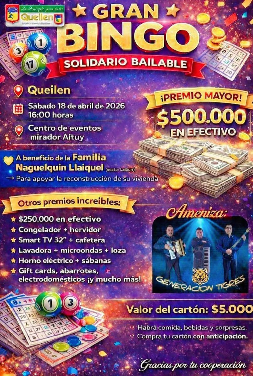 Tod@s a colaborar este próximo día sábado 18 de Abril desde las 16:00 horas en adelante en "MIRADOR AITUY",  en el GRAN BINGO que se realizará a beneficio de la Familia Naguelquin Llaiquel y que se encuentra organizando la Ilustre Municipalidad.