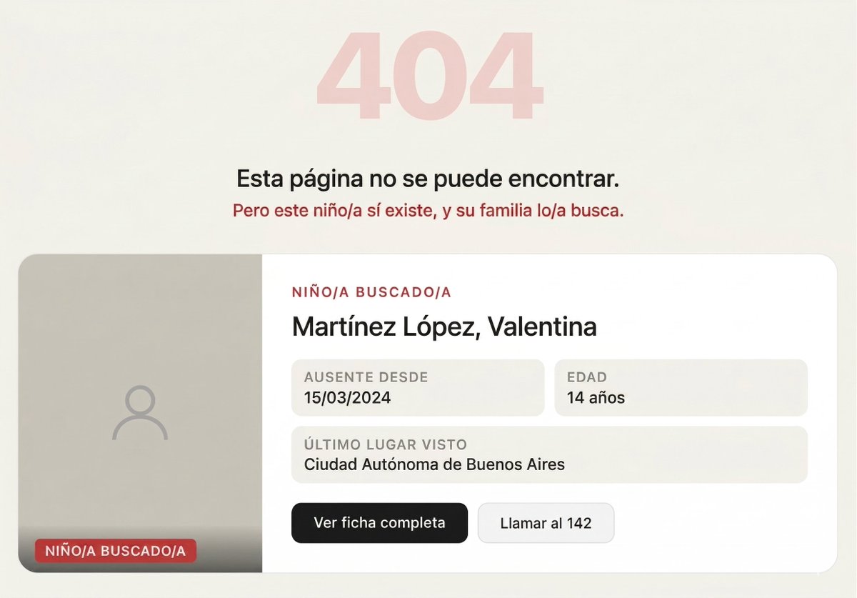 Error 404: cómo una página web rota puede ayudar a encontrar chicos desaparecidos

“No Encontrado” transforma los errores de navegación en afiches digitales con fotos, datos y líneas oficiales de contacto.

La herramienta puede integrarse en menos de cinco minutos y, si se activa
