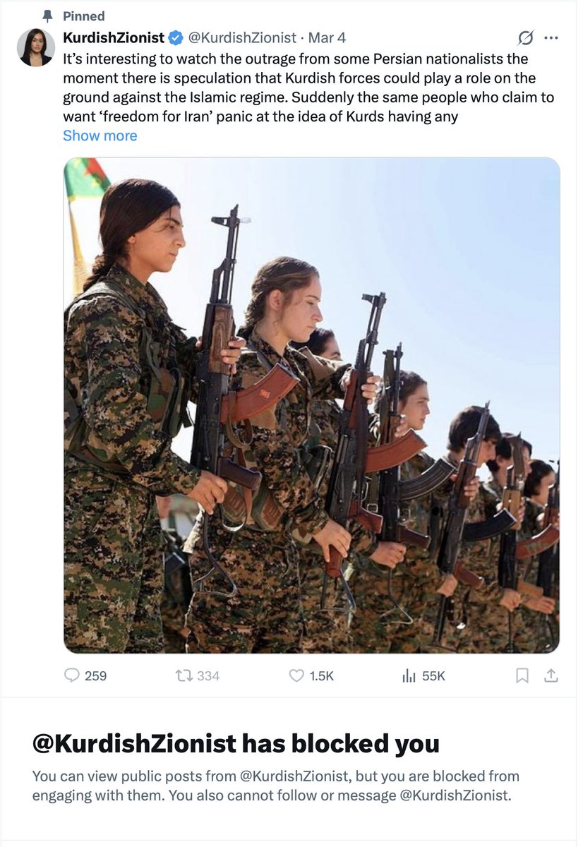 This #Israeli bot <a href="/KurdishZionist/">KurdishZionist</a>, who is pretending to be #Kurdish, finally snapped and decided to block me after repeated call outs.

Using an #AI pic of a generic Middle Eastern woman + constantly bashing #Palestinians is a dead giveaway. Rtards.