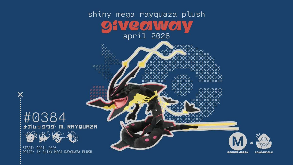 ✨APRIL GIVEAWAY✨
Want a chance to win a Shiny Mega Rayquaza plushie from Japan? Enter our monthly giveaway! Here's how:
1️⃣Repost this post
2️⃣Follow <a href="/pokejungle/">PokéJungle 🌱 Pokémon news for games, merch & more</a> and <a href="/mecchaJP/">Meccha Japan</a> 
3️⃣Complete your entry: pokejungle.net/2026/04/11/apr…
🌎Open worldwide, ends May 2!