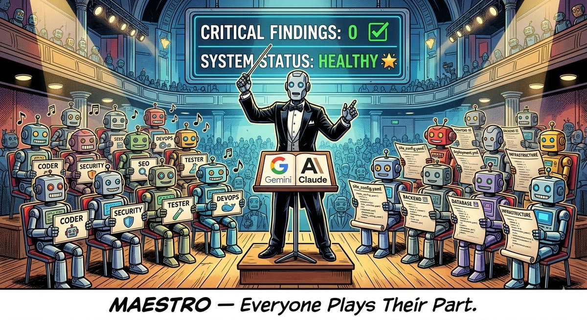 michabbb's tweet photo. #Maestro: Multi-Agent Orchestration for #GeminiCLI & #ClaudeCode #AIAgents #opensource

🤖 22 specialized subagents across 8 domains — Engineering, Product, Design, Content, SEO, Compliance, I18n & Analytics — directed by a TechLead orchestrator

��� Two workflow modes:
Express — simple tasks, 1-2 questions, single-agent delegation, code review, archival
Standard — full 4-phase: Design Dialogue, Planning, Execution, Completion with quality gate

🔀 Native parallel execution: independent phases dispatched as concurrent subagent batches with non-overlapping file ownership — no waiting, no blocking

🛡️ Least-privilege 4-tier security model:
Read-Only → Architect, Code Reviewer
Read+Shell → Debugger, Security Engineer
Read+Write → Technical Writer, Product Manager
Full Access → Coder, Tester, DevOps

📋 Standalone commands without full orchestration:
/review  /debug  /security-audit
/perf-check  /seo-audit  /a11y-audit  /compliance-check

🔄 Persistent session state in YAML+Markdown:
📌 Phase tracking & file manifests
📌 Token usage per agent
📌 Error logs & retry counts
📌 Reliable resume after interruptions

🏗️ Guided design dialogue with depth-selectable reasoning (Quick/Standard/Deep), built-in codebase investigation, and 2-3 architectural approaches with trade-offs before any code is written

✅ Final quality gate blocks completion on unresolved Critical/Major findings — remediates and re-validates until clean

🔧https://t.co/tIAUaYae8A