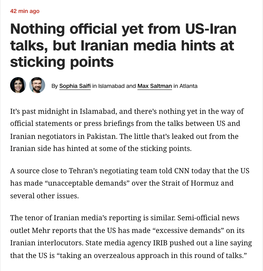 A source close to Tehran says the US is making unacceptable demands over the Strait of Hormuz and other issues in the talks.

Source: CNN