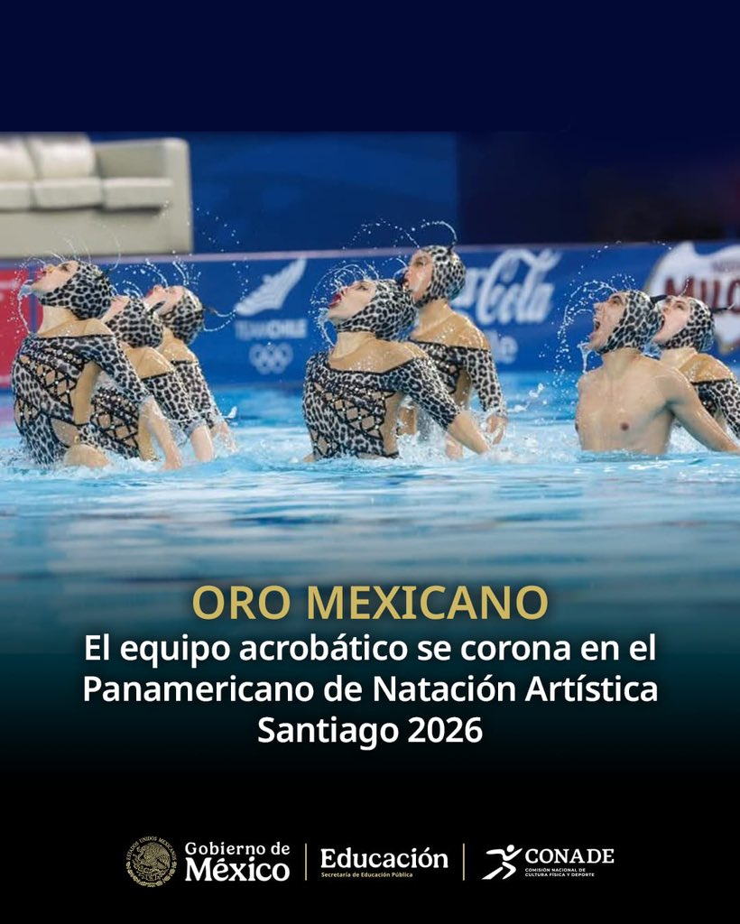 ¡BROCHE DE ORO! 🇲🇽🏊🏻‍♀️

La selección mexicana de natación artística cierra con la presea dorada 🥇 en la final de equipo rutina acrobática femenil senior, con lo que sellan una brillante actuación en el Campeonato Panamericano de Natación Artística Santiago 2026 🇨🇱.
¡Felicidades!🎉