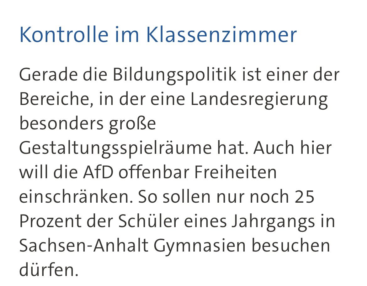 In einem Bundesland, das Fachkräfte braucht und aus dem Akademiker abwandern, will die AfD #SachsenAnhalt die Anzahl Gymnasiasten begrenzen. Kannst du dir nicht ausdenken.