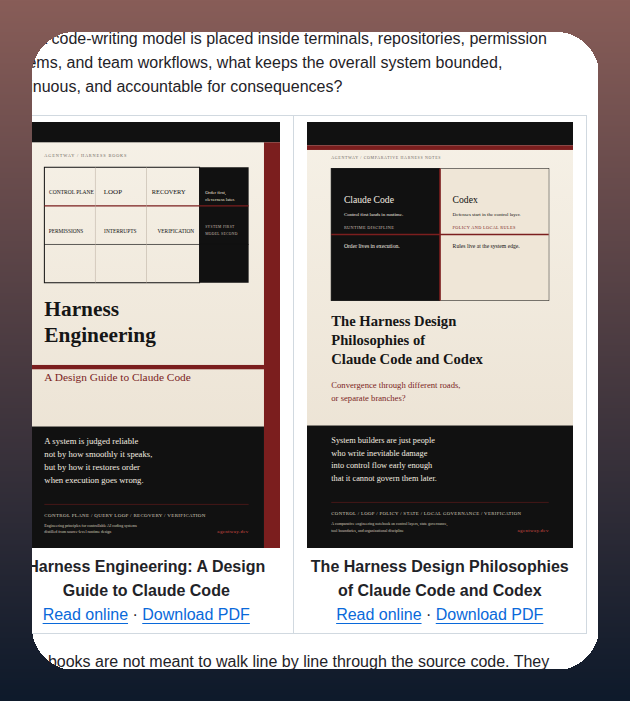 Two harness engineering design guide books: one for Claude Code covering control plane/loop/recovery, one comparing Claude Code and Codex philosophies