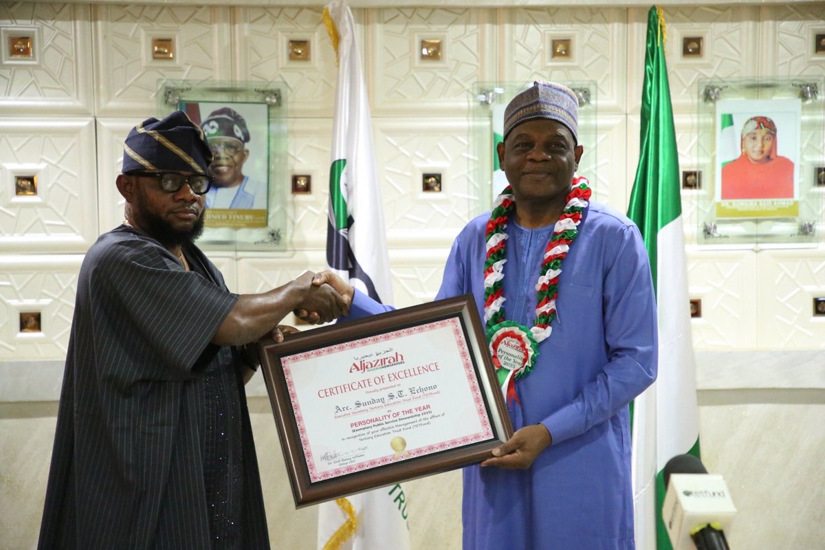 TETFundNg's tweet photo. The Executive Secretary, TETFund, Arc.  Sonny Echono  bags Aljazirah Newspaper Tertiary Education Transformation Champion Award 2025 https://t.co/Oin1UhufkK
