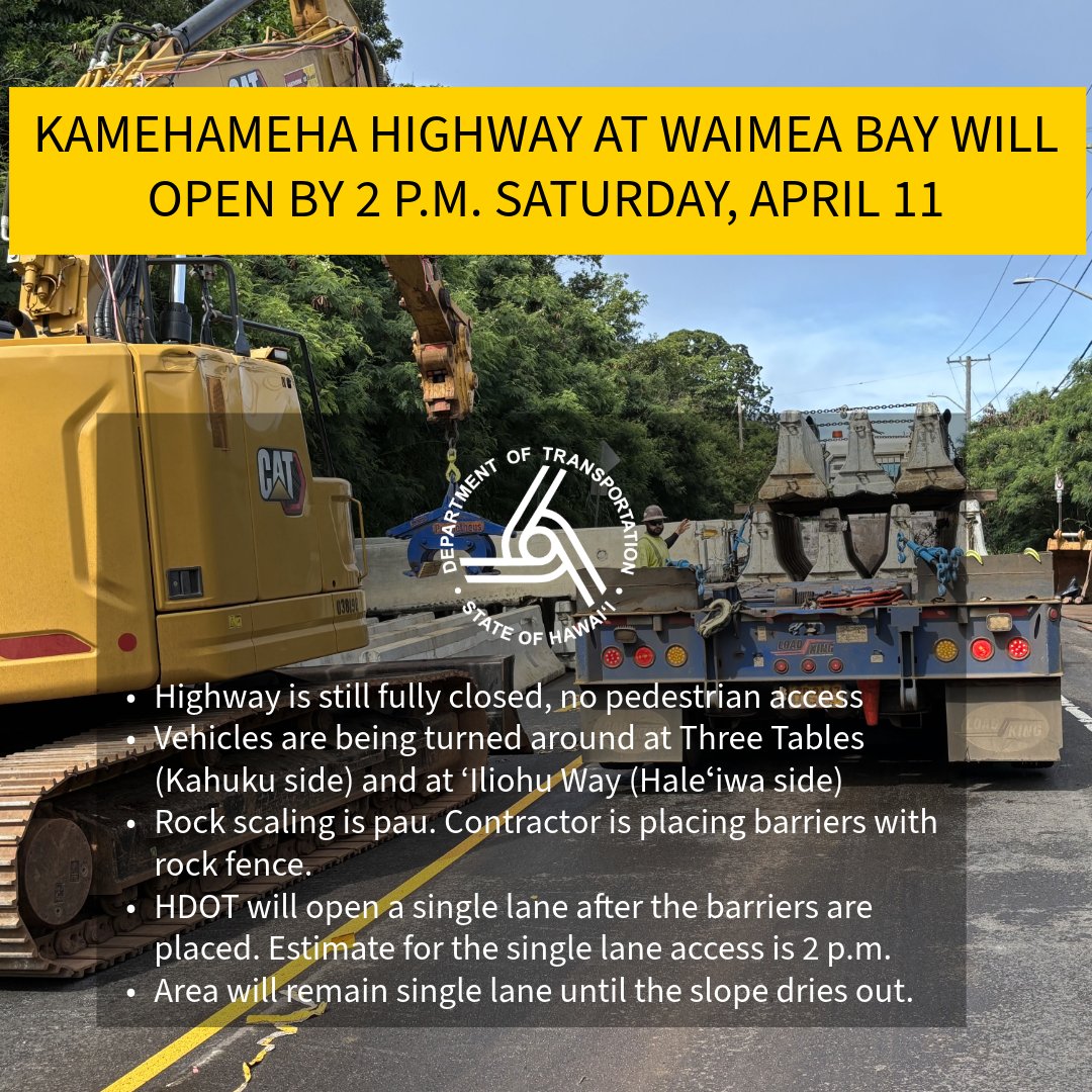Oahu #hitraffic #hiwx 4/11/26 10AM:
HDOT working to reopen a single lane on Kamehameha at Waimea by 2 p.m. Area will remain single lane until slope dries. Details
hidot.hawaii.gov/blog/2026/04/1…