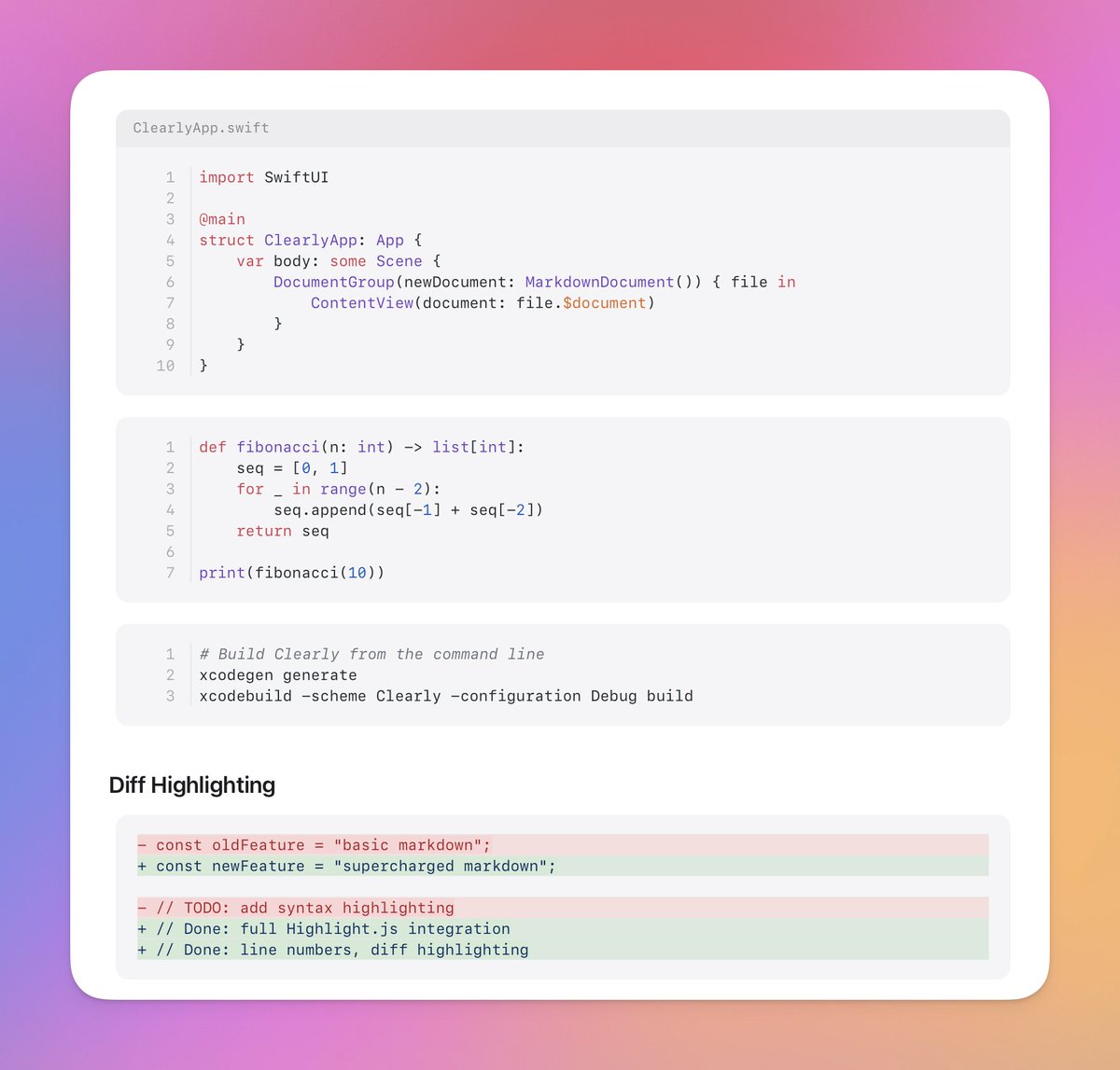 Just rolled out a massive update to clearly.md's markdown support making rendered markdown pages much more interactive!

- Rich tables (sortable columns, captions, headers)
- Syntax highlighting for 27+ languages
- Diff highlights
- Emoji shortcodes
- Highlights,