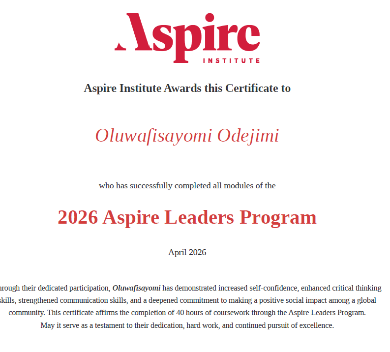 odejimi_o's tweet photo. I almost gave up on the Aspire Leadership Program during the final assessment. One push from a friend changed everything.
Just completed it 🎉
Reminder: don’t quit too early.

Thank you @aspire_leaders https://t.co/DNkARWsvQZ