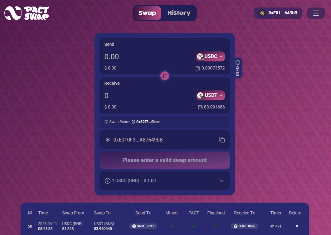 Minajxyz's tweet photo. Hype mode
You donβt need 10 tabs.
You donβt need bridges.
You just swap. β‘οΈ
USDC β USDT
One interface. One flow. Zero friction.
Pact Swap is different.
Wallet: 0xE010F...649bB
@Pact_Swap #Pactswapper
#SwapperBragger https://t.co/5mJ4fOHGle