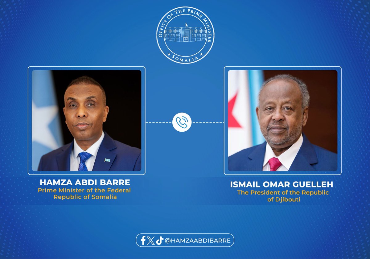HamzaAbdiBarre's tweet photo. I had the honor of having a telephone conversation with my brother, His Excellency Ismail Omar Guelleh, President of the Djibouti, during which I conveyed my warm congratulations on his re-election. I extended my sincere best wishes for his continued leadership and for the sustained peace, stability, and prosperity of the brotherly people of Djibouti. I further commended the people of Djibouti for their commitment to a peaceful and orderly electoral process.