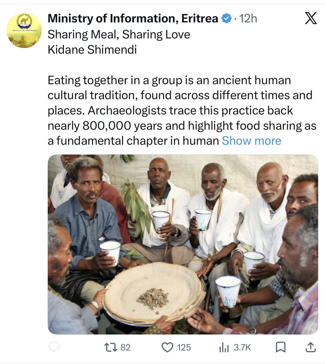 Habtishgreat's tweet photo. The True Colors Of Eritrea 🇪🇷 

In a surprising development, Eritrea’s Minister of Information (@shabait) has shared an image that appears to reflect the current daily life of Eritreans. The photo shows more than eight elderly Eritreans gathered in a circle, preparing to share a traditional meal of injera and tibs.
Some of you might wonder that the portions seem very small to feed the group. In fact, it isn’t even enough to feed one grown adult.
Please don’t judge the government. It’s Ethiopia’s government fault. 
Due to Ethiopia’s government fault, Injera (made from teff) and tibs (meat stir-fry) become very special, relatively rare delicacies in Eritrea today. Both key ingredients — teff and meat — have historically been imported from Ethiopia. Ongoing tensions and conflict between the two countries have severely restricted such imports, making these items even harder to obtain from Ethiopia.
Accordingly, the Eritrean government is rationing these and other essential goods to ensure that civilians can still mark the 2026 Easter celebrations with a traditional feast.