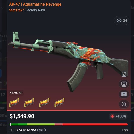 CS2Locker's tweet image. This ST FN AK-47 | Aquamarine Revenge just sold for $1,549.90 🔥

4x Natus Vincere (Holo) | Katowice 2015 stickers on a 0.007 float. 

Base skin is $370, meaning the buyer paid over $1,100 in sticker overpay (50.5% SP).
 
One of the best Kato 15 crafts out there. 😎