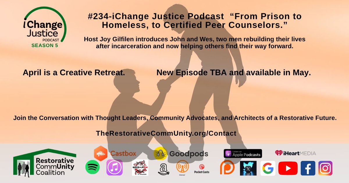 RCCProJustice's tweet photo. #234-iChange Justice Podcast – From Prison to Homeless, to Certified Peer Counselors (Encore)
In this encore episode, Host Joy Gilfilen introduces John and Wes, two men rebuilding their lives after incarceration and now helping others find their way forward. https://t.co/nK1ojegrLs