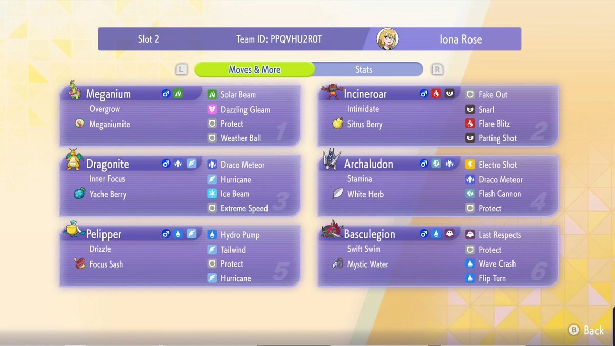 Iona_RoseSRC's tweet image. Day 4(?) of playing VGC and we hit Master Ball rank with Meganium Rain!

This team is incredibly fun, Weather Ball hitting for fire damage even in rain is incredible.

Weak link is defo Dragonite though, would love to replace him with Sneasler lmao

#PokemonChampions #PokemonVGC