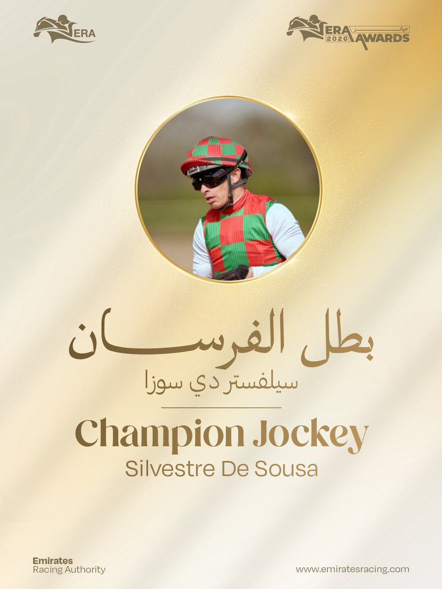 RacingEra's tweet photo. نحتفي ببطل الفرسان، سيلفستر دي سوزا، ومهاراته العالمية وأدائه الاستثنائي طوال الموسم، بعد تحقيق 54 فوزاً خلال موسم 2025-2026. https://t.co/zYTxHcbUk6