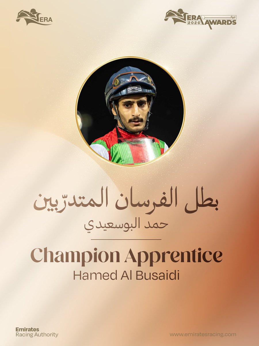 RacingEra's tweet photo. نحتفي بالفارس حمد البوسعيدي، الذي فاز بلقب بطل الفرسان المتدرّبين في جوائز هيئة الإمارات لسباق الخيل لموسم 2025-2026، تقديراً لمهاراته المتميزة وأدائه الواعد على مضامير السباق، الذي أهّله لتحقيق 17 فوزاً خلال موسم 2025-2026. https://t.co/pGoZVLWFkI