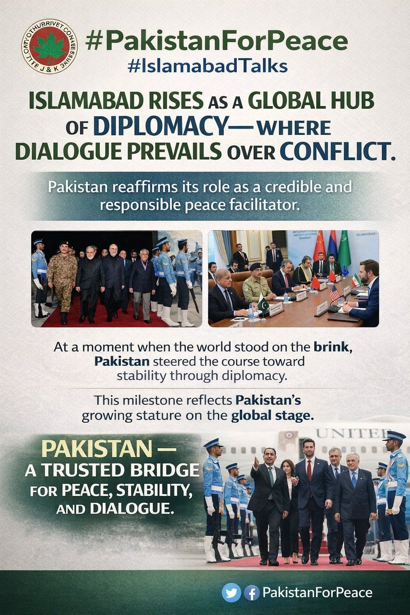 #PakistanForPeace | #IslamabadTalks
Islamabad rises as a global hub of diplomacy—where dialogue prevails over conflict.
Pakistan reaffirms its role as a credible and responsible peace facilitator.
At a moment when the world stood on the brink, Pakistan steered the course toward