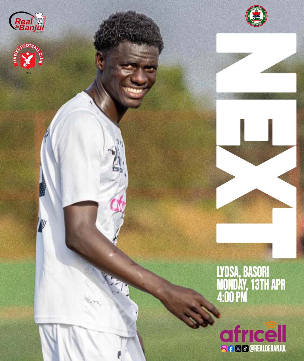 𝐂𝐎𝐌𝐌𝐈𝐍𝐆 𝐔𝐏: Banjul Derby on Monday, at the Fortress 🤍💪🏽!

The Champions will host City Rivals Hawks FC in the Banjul Derby at LYDSA.

#rdb #nextmatch #banjulderby #real4real #cityboys