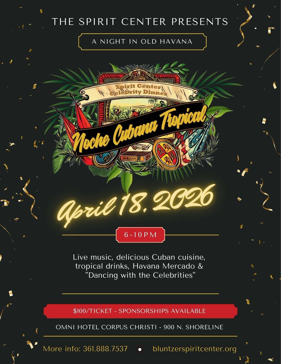 CalendarCC's tweet photo. 💃🌴 Noche Cubana Tropical 2026

Step into a night of Old Havana vibes with this unforgettable evening of dinner, dancing, live music, tropical drinks, and Cuban-inspired experiences. From a vibrant mercado to the crowd-favorite “Dancing with the Celebrities,” this is a night full of energy, culture, and fun. 

NOCHE CUBANA TROPICAL ➡️ https://t.co/Mqf5LYrgAG 

#ccevents #nochecubanatropical #spiritcenter #corpuschristi
