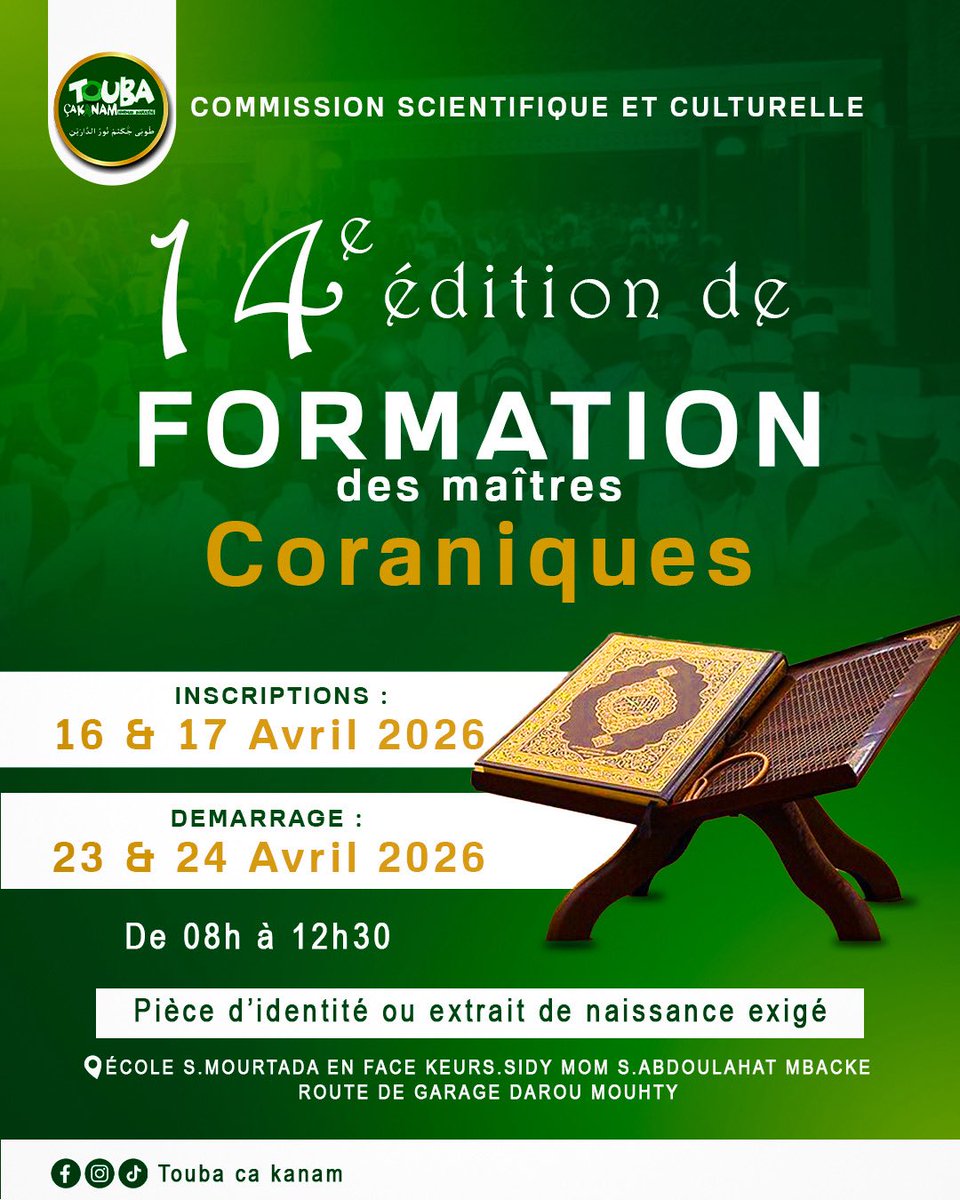 touba_l's tweet photo. Ab yëgle 🚨 

Tàggatu gi Touba Ca Kanam  di defal Sëriñu daara yi. Mbind mi dina tàmbali  16 ak 17i fan ci  weeru Awril bii.  
Insàllaah https://t.co/Y8SSGGBaL6