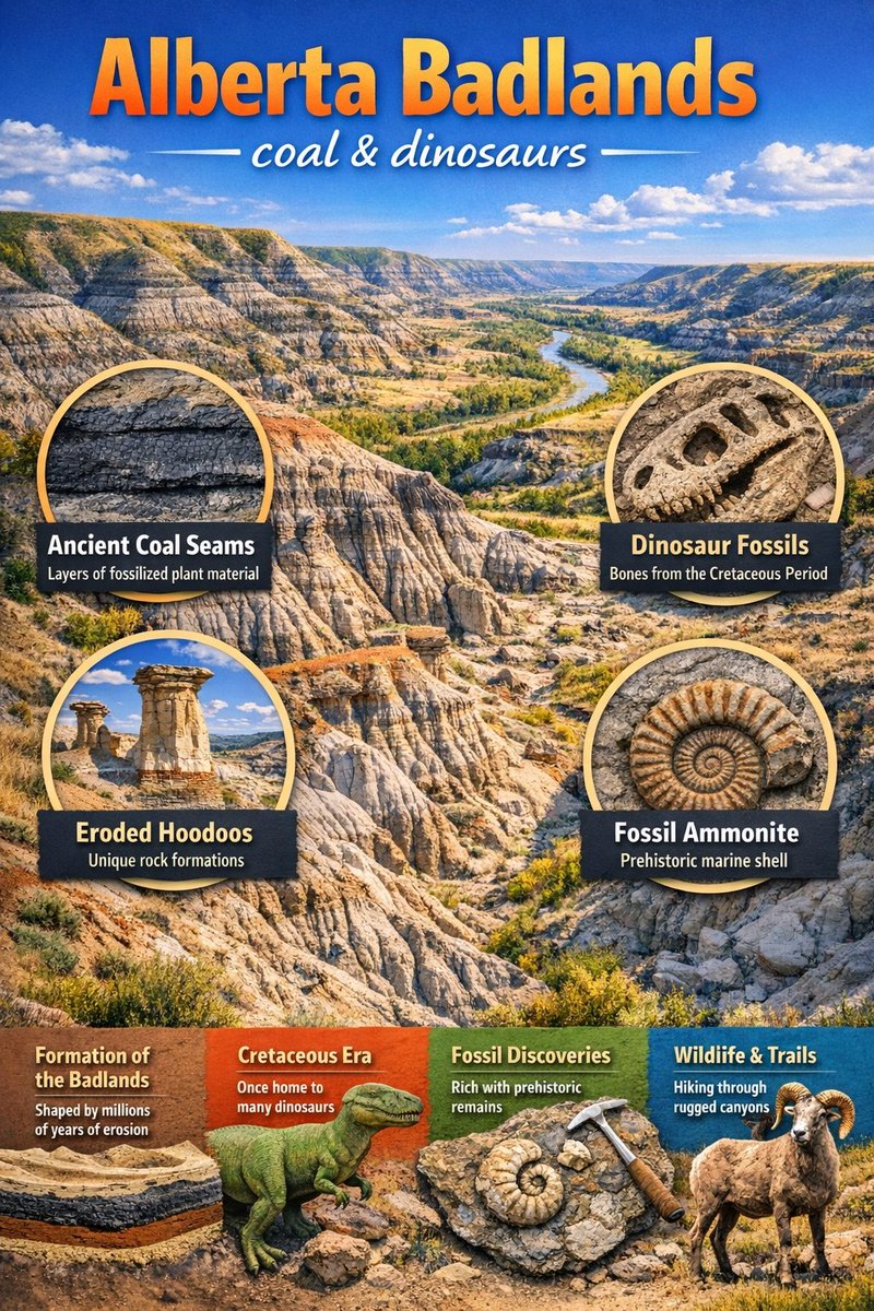 geologyBits's tweet photo. 🟥 ⛏️ The Alberta Badlands are a living archive of Earth’s deep time, where coal seams, dinosaur fossils, and eroded hoodoos reveal the province’s ancient story.
🎞 @milosh9k
🔁 ❤️ - Greatly Appreciated                                                                                 

Beneath the sculpted canyons of Badlands Provincial Park, layers of sandstone and shale record the rise and retreat of inland seas.

The Badlands were lush Cretaceous forests that fed coal formation and the fossilized remains of creatures that once roamed the floodplains.

Each stratum is a chapter in Alberta’s geological timeline: from marine sediments laid down 75 million years ago to the erosional artistry of the last Ice Age that carved today’s surreal landscape.

The mineralogy here is equally rich, iron oxides tint the rocks red and ochre, while carbon-rich seams mark ancient swamps compressed into coal.

Paleontologists still uncover bones and shells that bridge land and sea, connecting Alberta’s Badlands to the global story of evolution and climate change.

Standing among the hoodoos, you’re not just looking at stone, you’re reading the memory of the planet itself.  
#GeologyOfAlberta
https://t.co/bgohrpIlNR