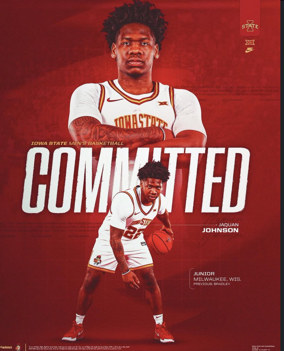NEWS: Bradley transfer Jaquan Johnson has announced he’s committed to Iowa State and TJ Otzelberger.

The 5-foot-11 sophomore out of Milwaukee, Wisconsin has played the last two seasons for Bradley.

He averaged 16.9PPG, 3.9RPG, 3.6APG and 2.5SPG this season.