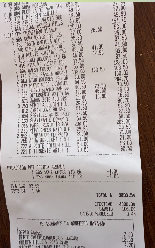 Ay, Elenita, como te gusta hacerle a la mamada.
Está bien incongruente, porque varias cosas son de marca propia (golden hills) o de la versión más barata de la marca propia (ke precio), pero otras son de las más caras. Comprando a lo pendejo ningún dinero alcanza.