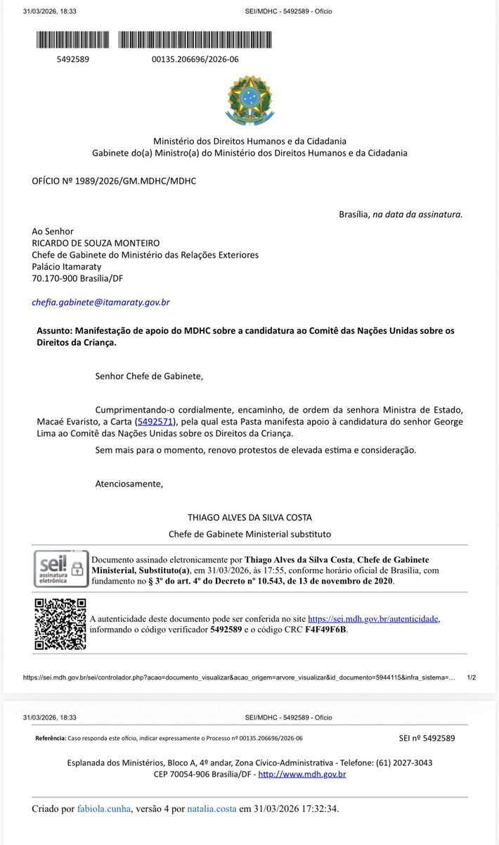 PauloAbrao's tweet photo. Felicito o @govbr  e @mdhcbrasil pela candidatura de @GeorgeLimaDH para o Comitê da Nações Unidas @UN sobre Direitos da Criança!👏🏽
Ninguém tem experiência tão ampla atuando na sociedade civil, governo, @mercosur e @CIDH. 
Será uma vitória do  @ItamaratyGovBr🇧🇷 que prioriza os DH! https://t.co/W8l3KZTWOc