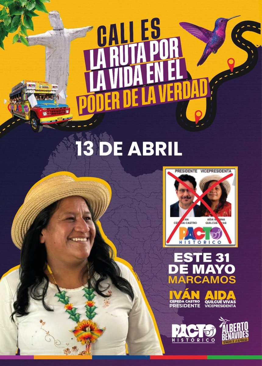 albertobemo's tweet photo. 👉 Este domingo y lunes la cita es en Popayán y Cali, con la futura vicepresidenta de Colombia, Aida Quilcué. Caigan con amigos, familia y también con quienes aún están indecisos.

Este 31 de mayo votaremos por @IvanCepedaCast , por @aida_quilcue y por #ElPoderDeLaVerdad

#LaRutaPorLaVIDA 💜