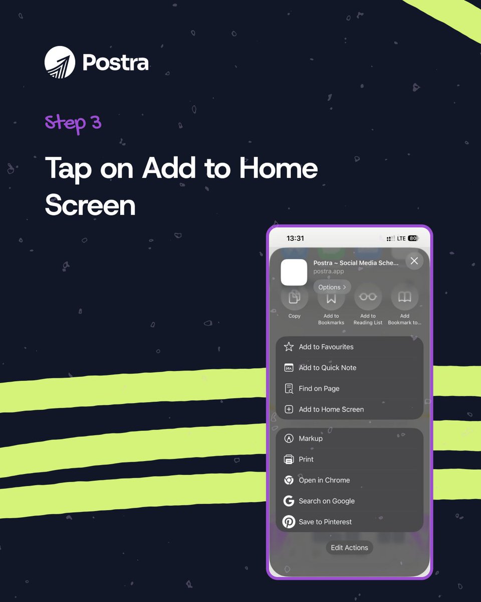 Postra is now on your Home Screen.
No downloads. No extra steps.
Just open and post.
Setup takes 30 seconds:
Safari → postra.app → Share → Add to Home Screen