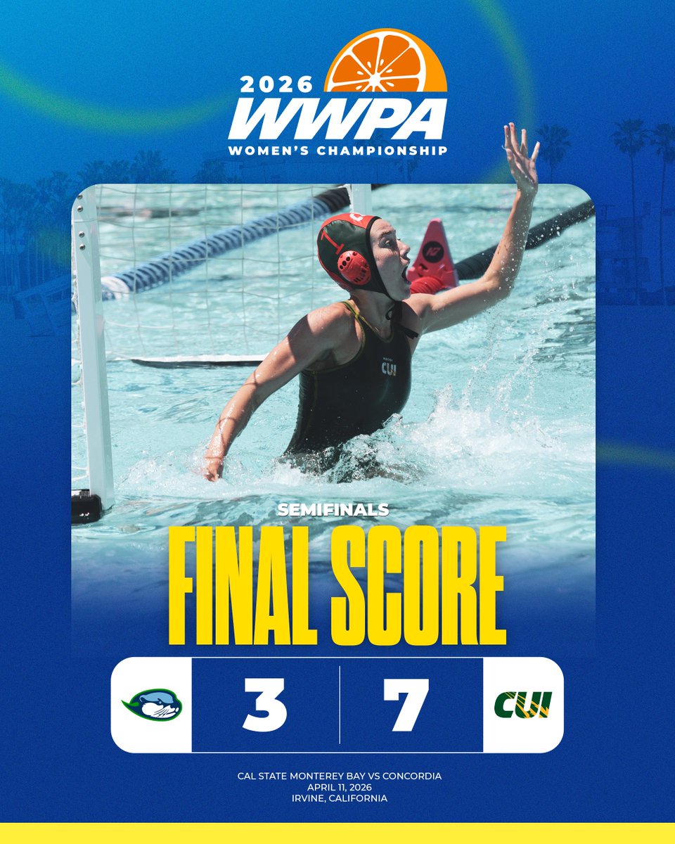TheWWPA's tweet photo. Concordia will play for the #WWPA Championship following a defensive masterclass against Cal State Monterey Bay.

🔹 Soto: 15svs, 3stl
🔹 Hueston: 2g, 1a
🔹 Edwards, Blem: 1g, 1a

#ncaawaterpolo https://t.co/NOcrBqP1x2