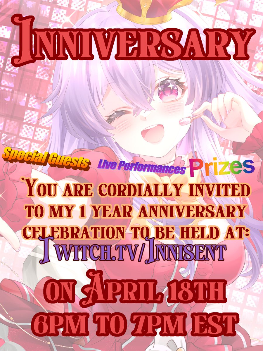 InniSent_ch's tweet photo. Yes it's really happening! Yes you're invited!! and YES there will be prizes!!

at https://t.co/RbaFfOEZVf

I'll see you there!

#vtuber #envtuber #anniversay #giveaway https://t.co/3qjHlTeZQ2