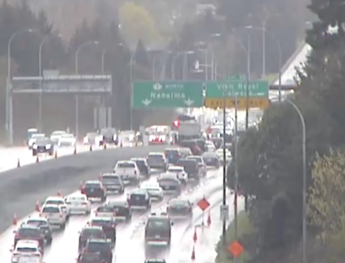 DriveBC's tweet photo. ⚠️ #BCHwy1 - Eastbound vehicle incident just east of the Burnside Road overpass is blocking the left lane, and causing a visual distraction for westbound traffic. Emergency crews are on scene, traffic control en route. Expect delays in both directions. #VanIse #VictoriaBC #LangfordBC #SaanichBC