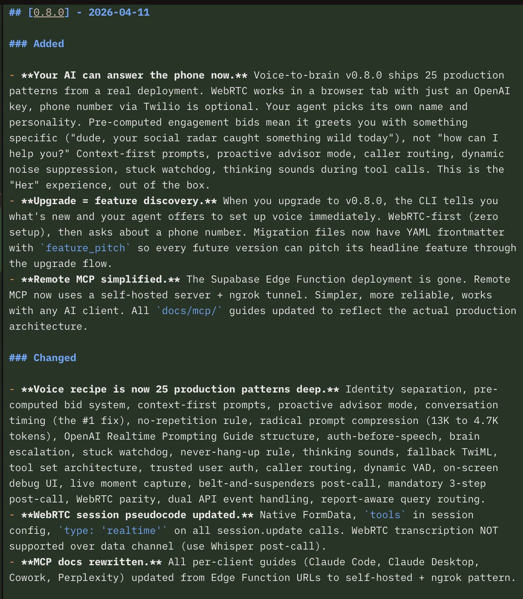 GBrain v0.8.0 changelog: voice-to-brain with 25 production patterns, WebRTC-first, MCP docs rewrite, radical prompt compression from 13K to 4.7K tokens