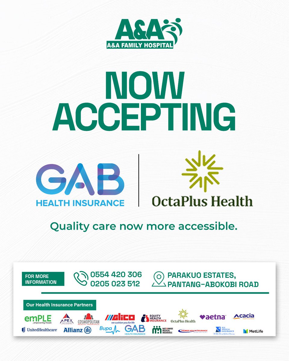 aafhospitalgh's tweet image. We’re pleased to welcome GAB Health Insurance &amp;amp; Octaplus Health Insurance to our network.

More access to quality care at A&amp;amp;A Family Hospital.
#health #aafamilyhospital #octaplus #GABhealth #WellnessEmpowered