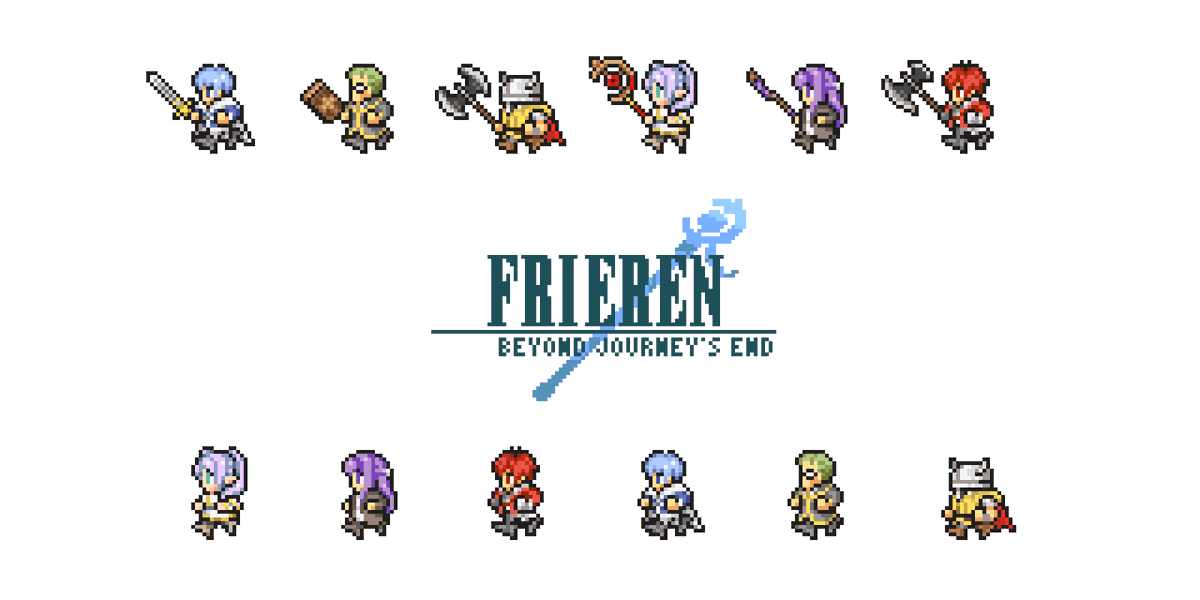 yukika_g's tweet image. FF風ドット絵　葬送のフリーレン
せっかくだから全員に武器持たせてみた

最初はスマホの壁紙用も兼ねて縦向きに作ってたけど
使う人いなさそうだから横向きに変えました

#フリーレン
#ドット絵
#pixelart