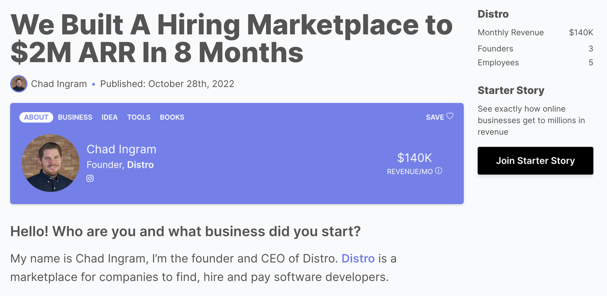 starter_story's tweet image. Wow... $2M/year SaaS built in 8 months.

Built off of a VERY SIMPLE idea:

Go to Upwork. Pick ONE category. And build a better, more specialized version of it.

– A single category.
– Only vetted talent.
– Boutique customer hiring experience.
– Charge more $.

This can be done in
