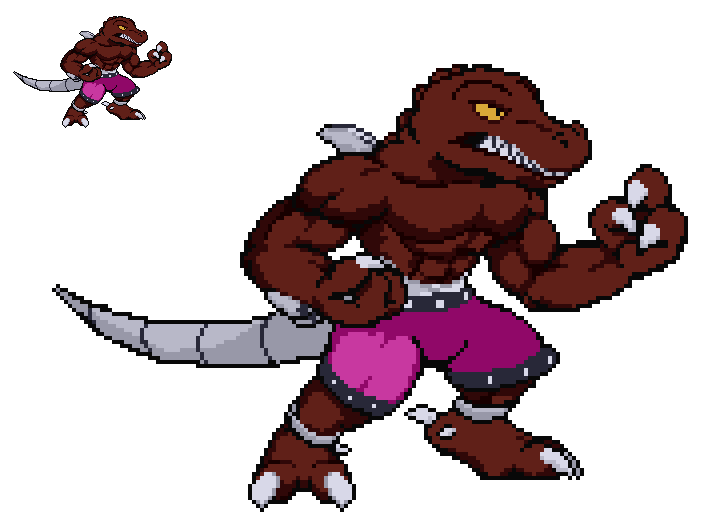 pixelpeninja's tweet photo. This site couldn't take Haxx twice. This raptor is too overpowered. 

I gave him a streamlined tail for animation purposes (the blades would make it a nightmare)

I don't know if I want the armbands on him or not. Other than that, good ol' Haxx.

#extremedinosaurs 
#pixelart https://t.co/w5X3RxtfyJ