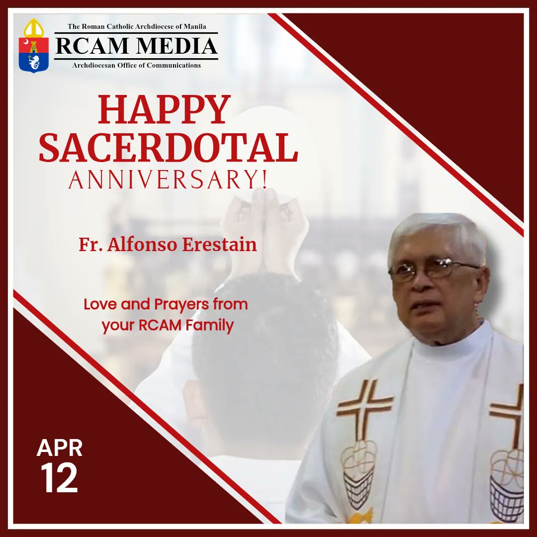 rcamaoc's tweet photo. Happy Birthday, Rev. Fr. Alfonso Erestain! π
We thank the Lord for the gift of your life and priestly vocation. May the Lord bless you today and everyday.
Greetings from your RCAM Family!
#RCAM #AOC
#ArchdioceseOfManila
#WeAreManila
#ManilaClergy https://t.co/5n6w0Qzono