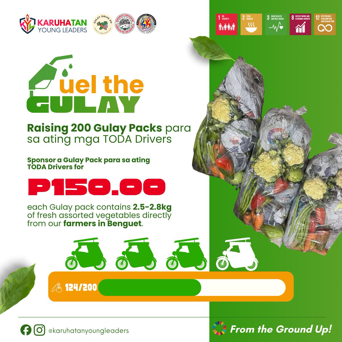 nslychrstphr's tweet image. 76 Gulay Packs to Go! 💚

Konti nalang po, help us help our fellow TODA drivers by sponsoring a gulay pack for ₱150.00. 

These gulay packs are sourced directly from our farmers in Benguet, through GulayDrivePH.

Maraming salamat po! #FuelTheGulay #MetroManila