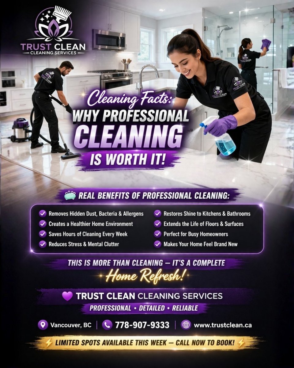 trustcleanvan's tweet image. Why professional cleaning is worth it ✨

✔️ Saves time
✔️ Reduces stress
✔️ Healthier home

Limited spots this week.
DM “CLEAN” to book.

📞 +1 (778) 907-9333
🌐 trustclean.ca

#VancouverCleaning #VancouverBC #BookNow #vancouverrealestate