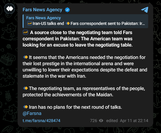 Worldsource24's tweet photo. Fars News Agency: Iran has no plans for the next round of talks.

"It seems that the Americans needed the negotiation for their lost reputation in the international arena and were unwilling to lower their expectations despite the failure and deadlock in the war with Iran." https://t.co/jnjwyy50L0