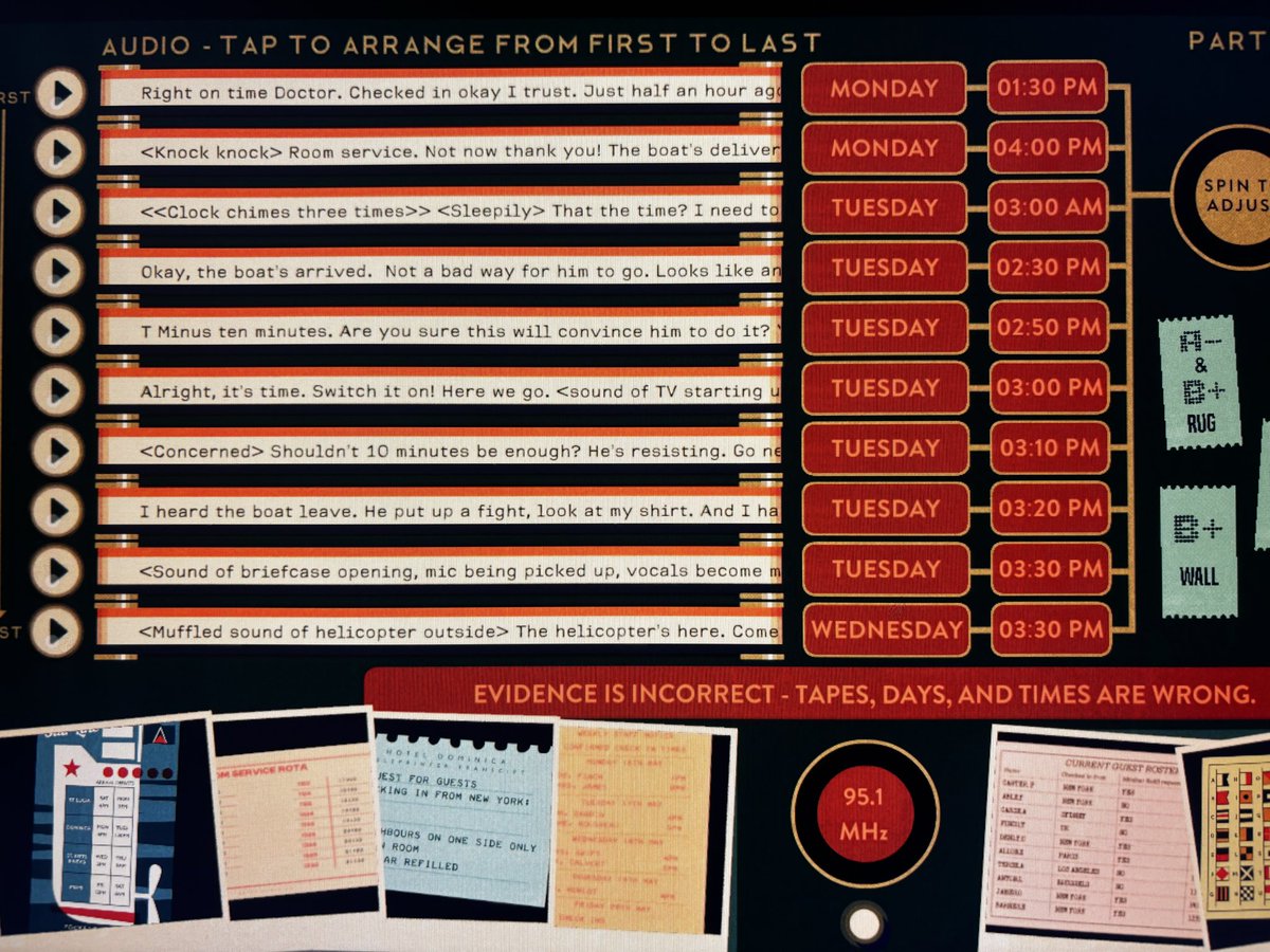 Gardner's tweet photo. Hey @BoardIsFun.  We’re having a superb time with the games! However, we hit a snag on the Dominica level of Spycraft.  We thought we were confident on the order and times of the audio tapes but are unable to proceed… Can DM our evidence explanation thus far… 

🙈Spoiler for others (maybe?):