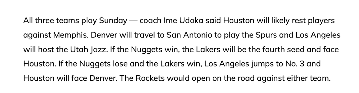 Rockets sitting KD, Alpy, Jabari, Amen for tomorrow's game against the tanking Grizzlies.

The result of the game does not matter for Houston's seeding. Rockets are locked into No. 5. Here's what will determine their playoff opponent.